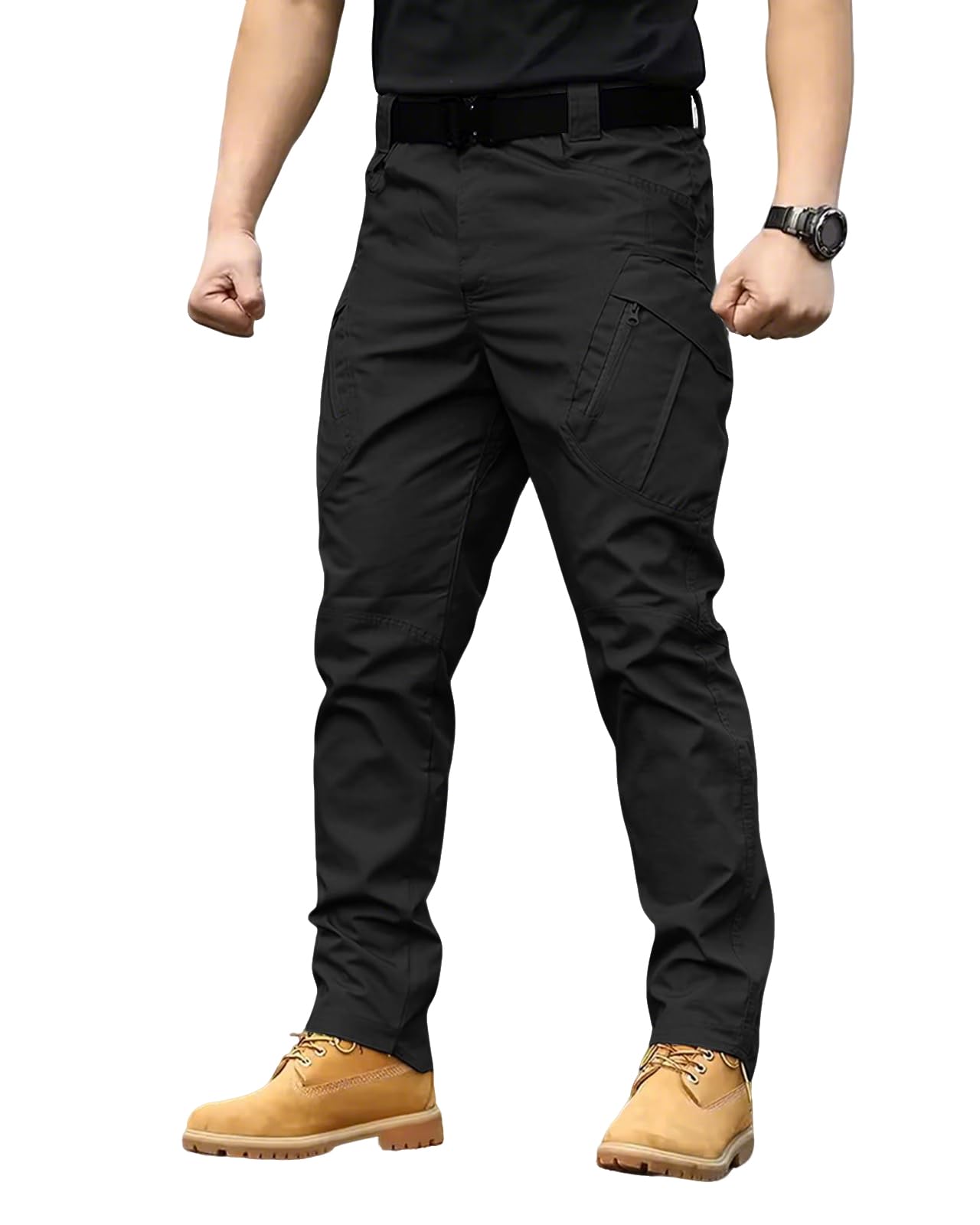 Boonlight Men's Lightweight Quick-Dry Tactical Pants, Water Resistant Hiking Pants with Multiple Pockets for Outdoor & Work (No Belt), Black