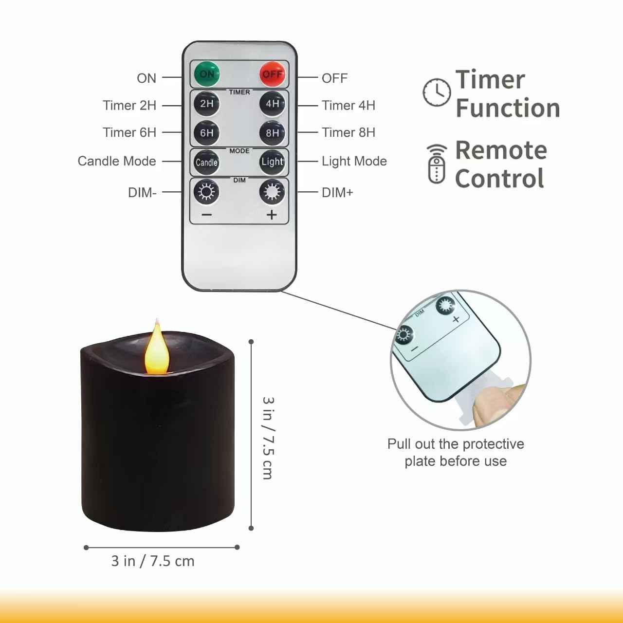 Black Flameless LED Candles 3 inch Diameter Real Wax 2AA Battery Operated 600hr+ Flickering Candles with Timer Remote Control for Halloween Thanksgiving Christmas Indoor (Black, 3″×3″- 2 PCS)