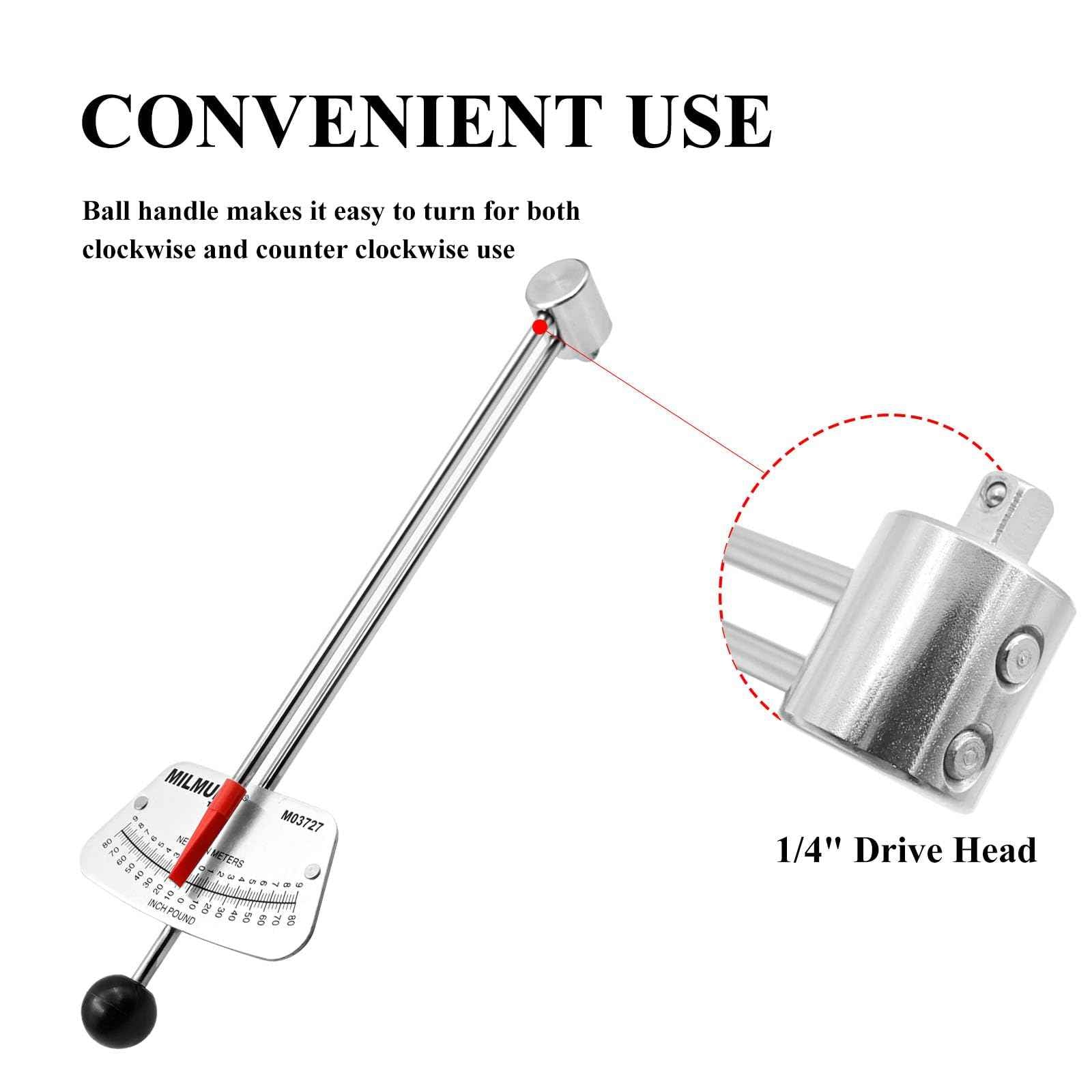 MILMUMU 1/4" Drive Beam Torque Wrench Precision Instrument-Compatible with SAE and MM Bicycle and Automotive Wrench -0-80 Inch-Pounds, 0-9 Newton Meters