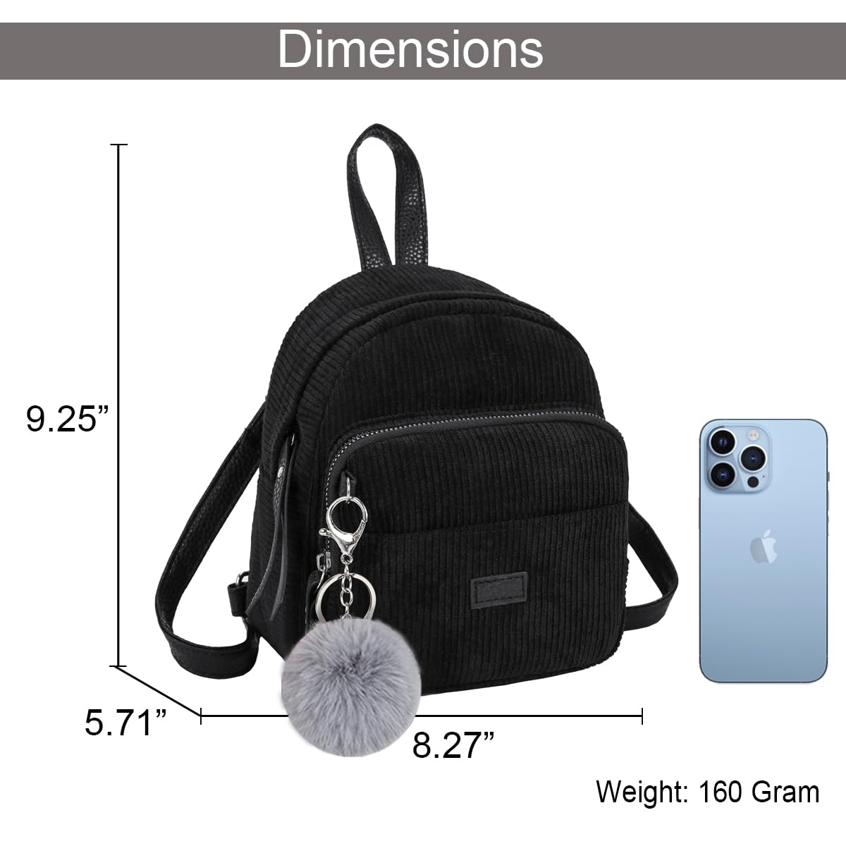 Sunwel Fashion Cute Mini Backpack 3 Way Carry Light-weight Corduroy Casual Daypack Detachable Keyring Fur Pom Pom Ball for Women (black)