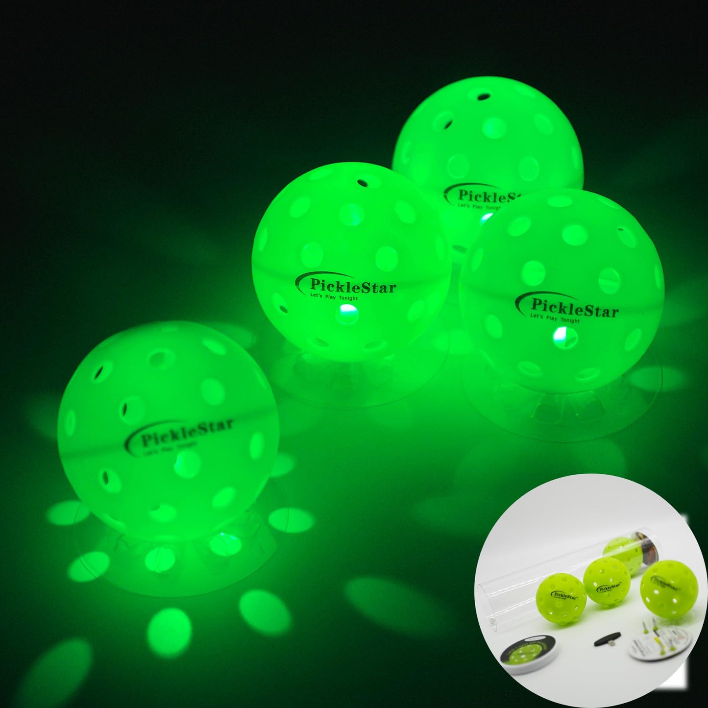 PickleStar LED Light Up Pickleball Balls, Offcial Size Outdoor 40 Holes Green PickleBalls with Green Light 4 Pack LED Light Up Pickle Balls, 6 Batteries Included, for Pickleball Lovers