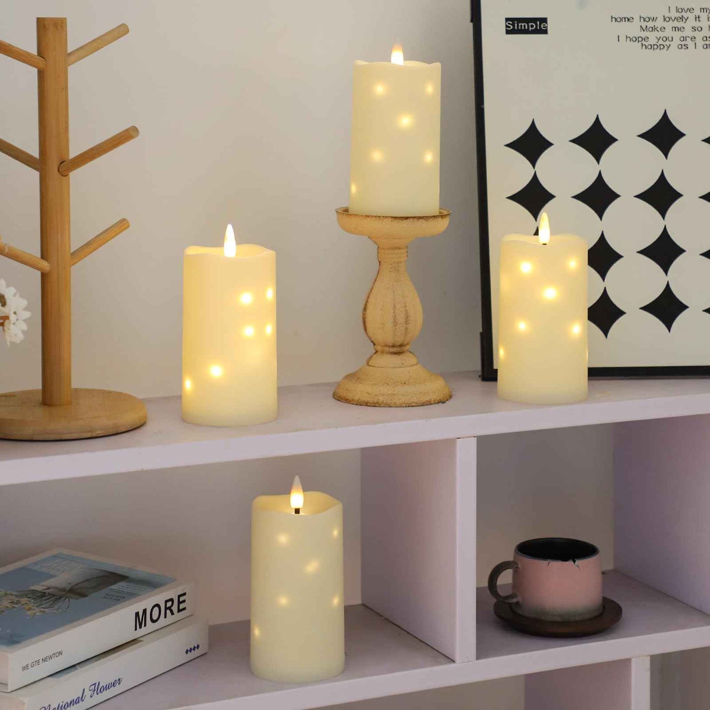 Lezonic Flameless Waterproof Outdoor Candles with Flickering Dancing Flame, 4Pcs Battery Operated Candles with Remote, Ivory LED Pillar Built-in String Lights for Patio Wedding Decor, 3.25" x 6"