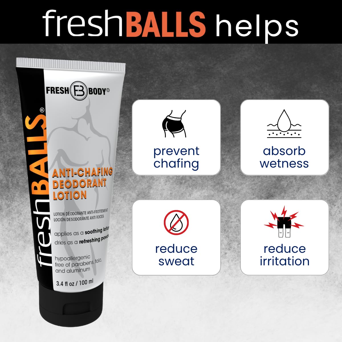 FRESH BALLS Lotion (4 Pack) | Anti-Chafing Men's Soothing Cream to Powder Balls Deodorant and Hygiene for Groin Area, 3.4 fl oz
