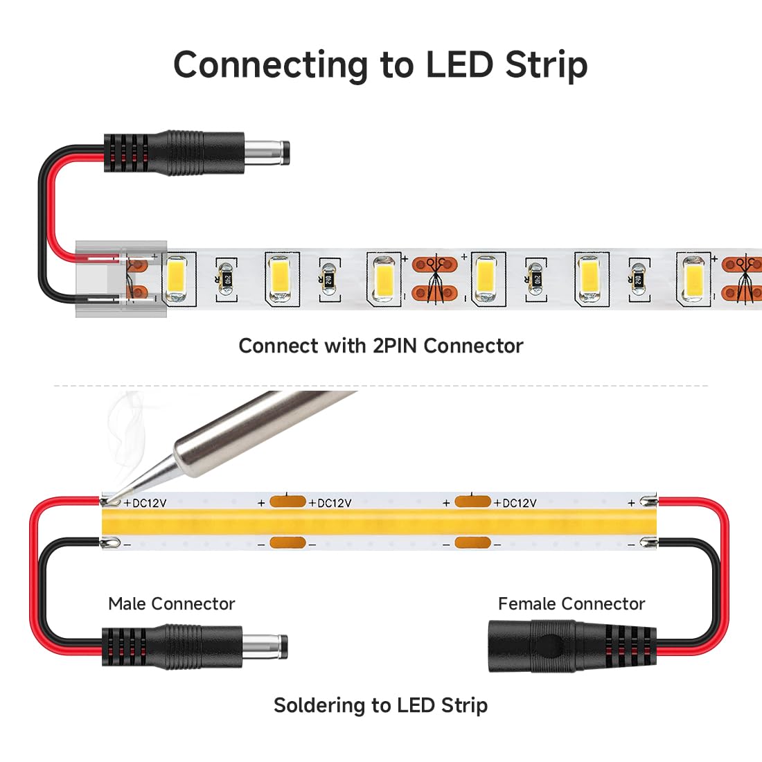 BTF-LIGHTING 10 Pairs 16cm 20AWG Barrel Plug Connector 5.5mm x 2.1mm Male/Female to Wire DC Power Pigtail Cable Connector Plug for 2PIN FCOB COB LED Strip Lights
