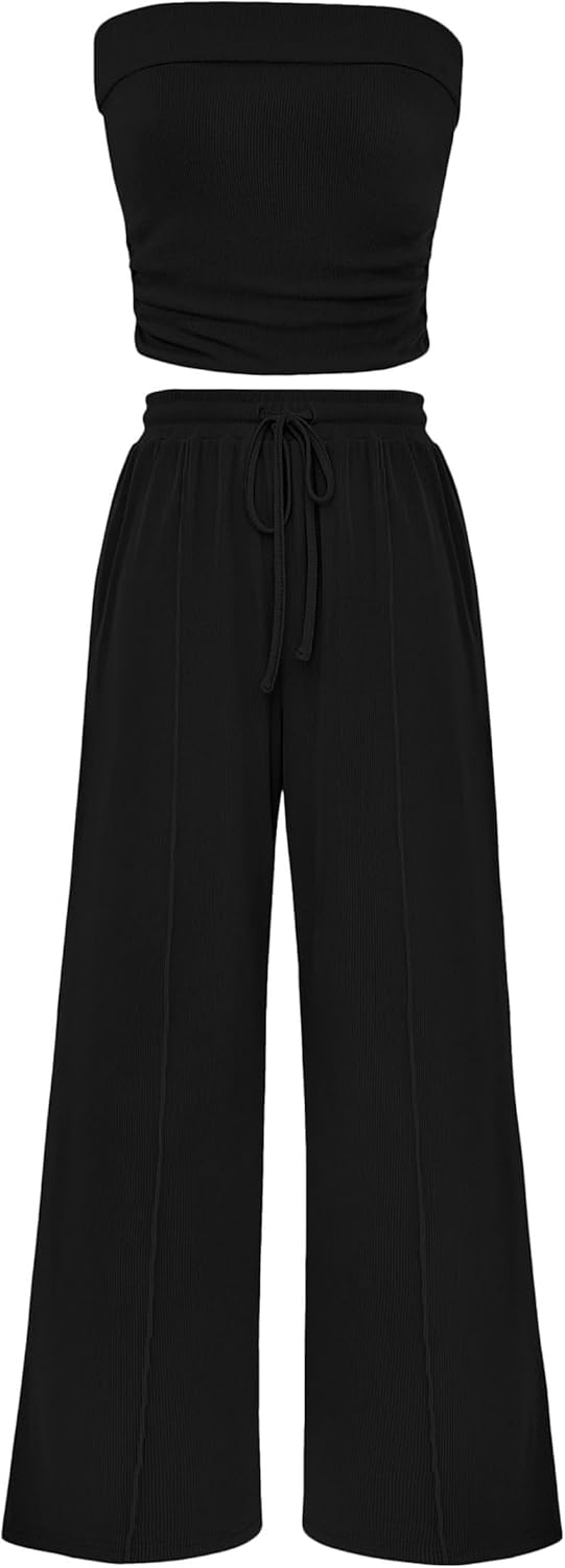PrettyGarden Women's Summer Outfit - Casual Ribbed Knit Crop Top & Wide Leg Pants Set | Spring Lounge Wear