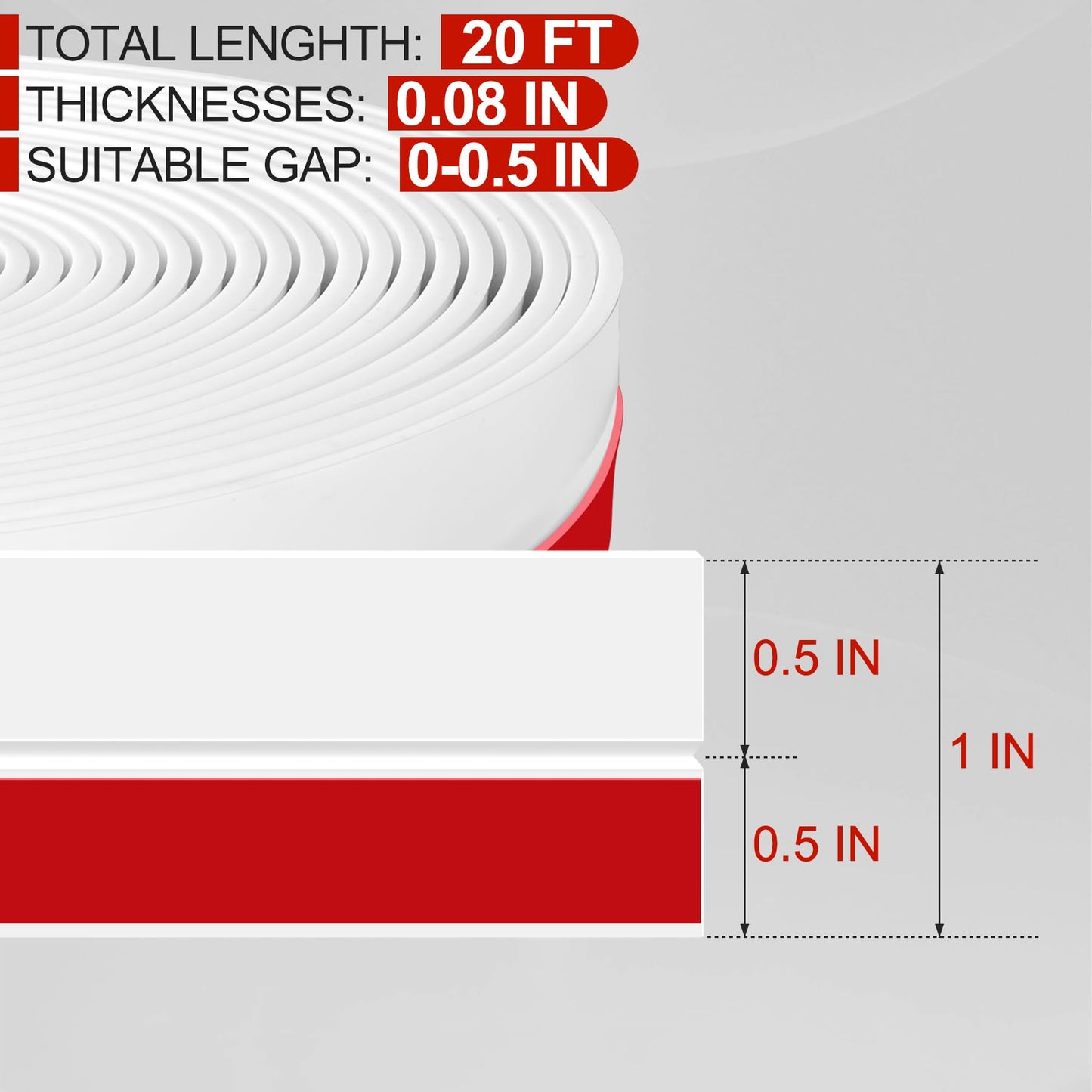 MYFAMIREA Door Weather Stripping 1IN (W) x 20FT (L) Door Draft Stopper Seal Tape Silicone Seal Strip Self Adhesive Shower Sweep Insulation Tape Side Bottom Strip for Sliding Glass Window Gap, White