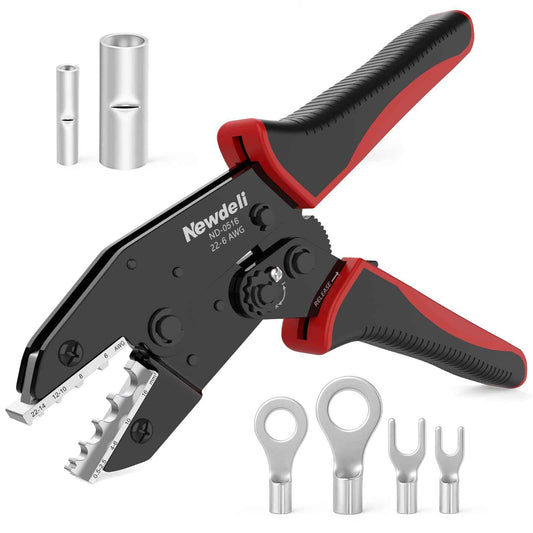 Newdeli Wire Crimping Tool for Non Insulated Butt Wire Connectors - AWG 22-6 Ratchet Wire Crimper Tool Electrical Non Insulated Ring Terminals Ratcheting Crimping Plier Crimp Tool