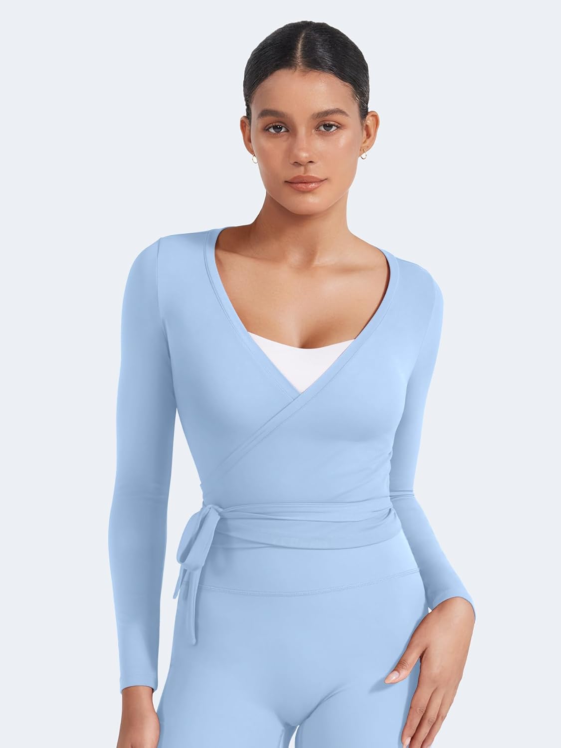 YEOREO Women's Pilates Wrap Top - Long Sleeve Tie Ballet Yoga Shirt | Michelie Y2K V-Neck Cropped Design