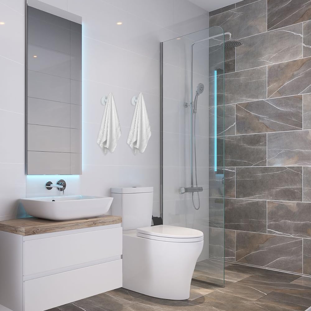 Vuzvuv Adhesive Hooks White SUS304 Stainless Steel - Self Adhesive Heavy Duty Waterproof Wall Hooks for Towel, Coat, Robe in Bathrooms Kitchen Hotel (2-Pack)