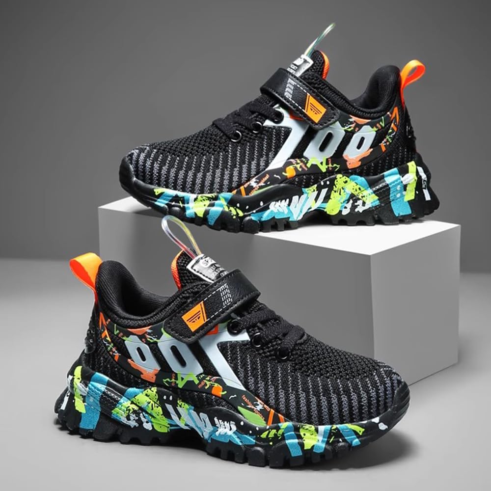 ASEKIHA Kids Shoes for Boys Girls Sneakers Sports Knitted Mesh Running Athletic Walking Gym Sports Lightweight Breathable Toddler Little Kid Big Kid Black