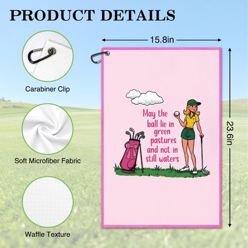 Juoqg May The Ball Lie in Green Pastures Pink Golf Towel, Funny Golf Bag Towel with Clip, Golfing Accessories for Women, Golfing Gifts for Golfer Mom Daughter, Birthday Gifts for Sport Lover Friend