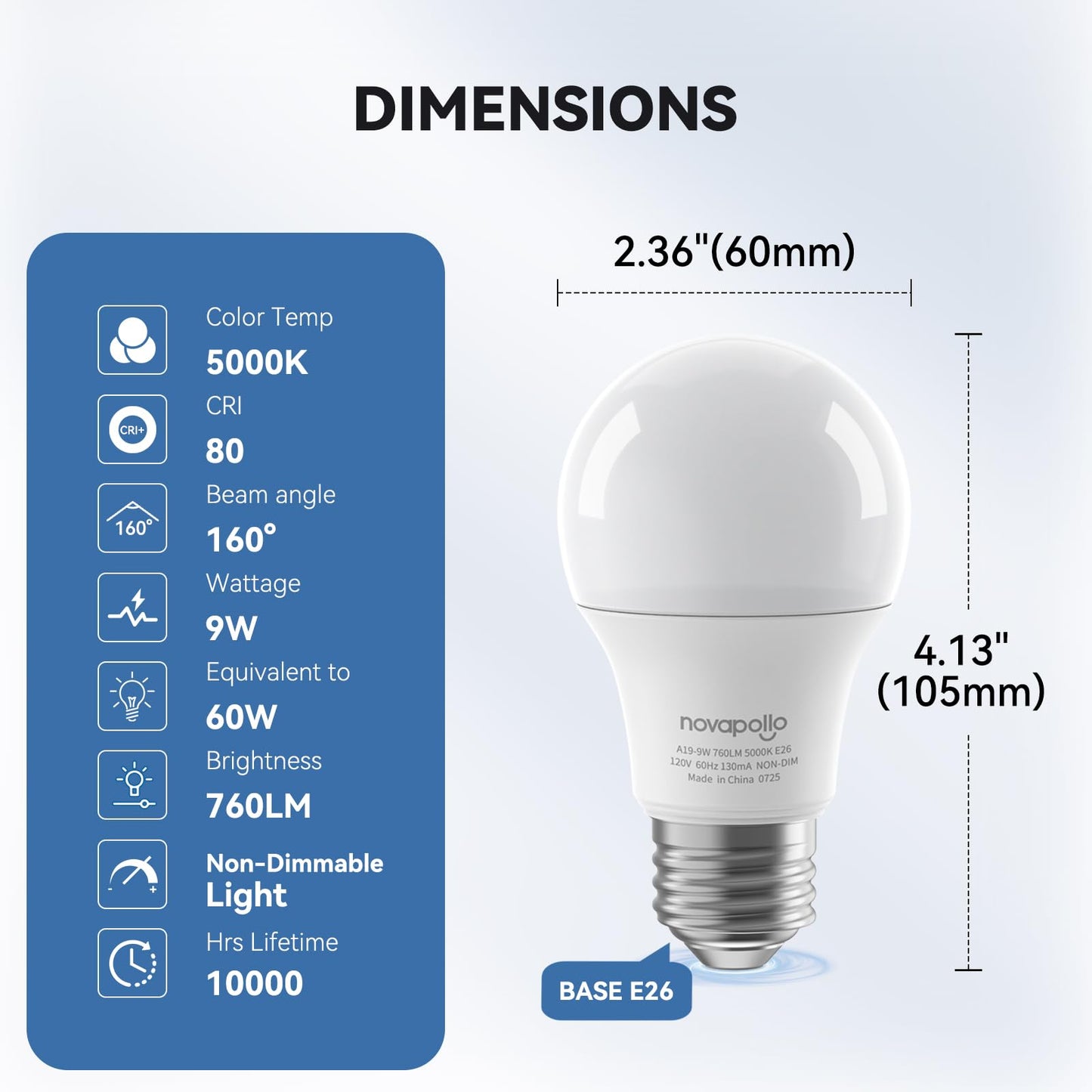 novapollo A19 LED Light Bulbs,60 Watt Equivalent LED Bulbs,Daylight White 5000K LED Lights for Bedroom,760LM Non-Dimmable,9W E26 LED Lights,4-Pack