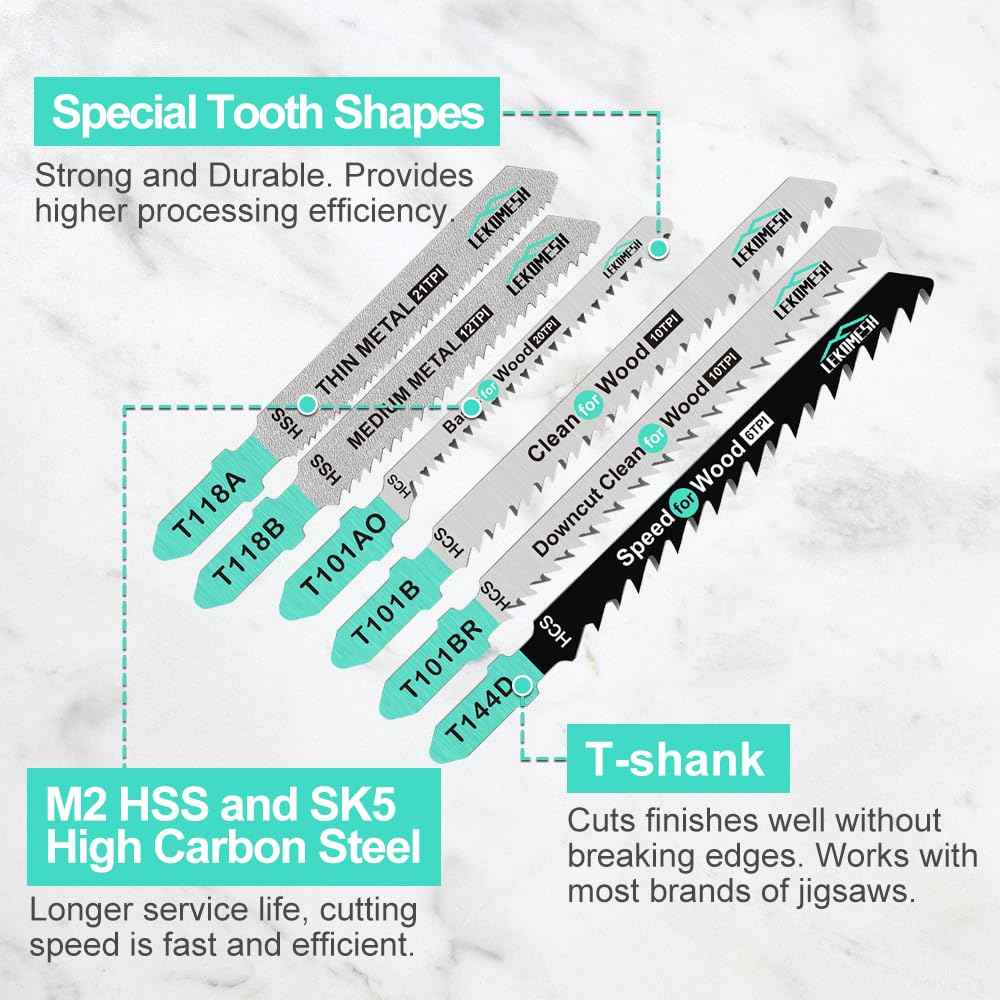 LEKOMESH 50 PCS Contractor Jigsaw Blades Set - Assorted T-Shank Jig Saw Blades for Wood, Plastic and Metal Cutting(T118A,T118B,T101AO,T101B,T101BR,T144D)