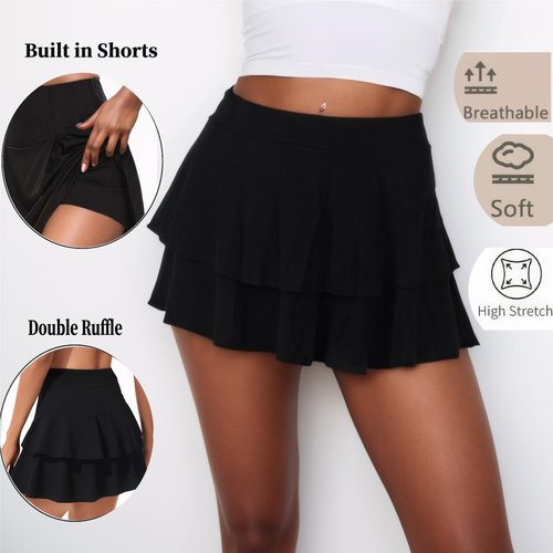 WUYLT Black Mini Skirt with Shorts Underneath Skort for Women Pleated Ruffle Layered Micro Y2k Going Out Skorts Summer 2026 Medium