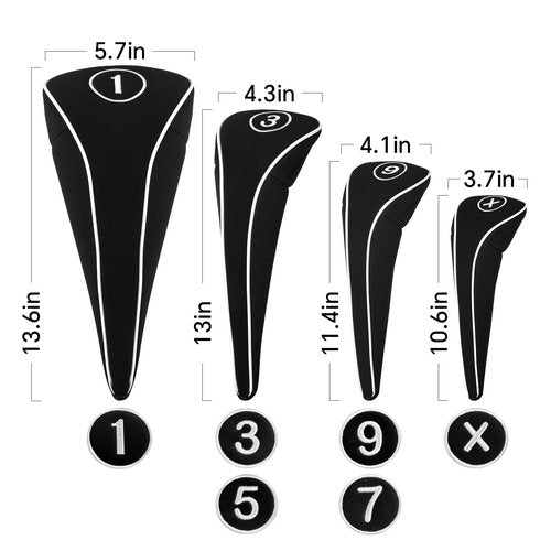 Golf Club Head Covers with Zipper - Balck Golf Club Covers for Woods and Driver Fairway Hybrids, Golf Accessories Headcovers Set (Black 1 3 5 7 X)