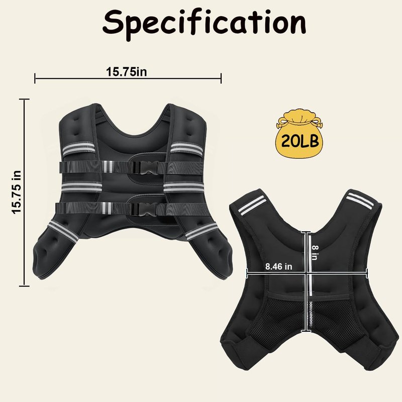Weighted Vest for Women and Men, 20lb Weight Vest with Reflective Stripe for Workout, Strength Training, Running, Fitness, Muscle Building, Weight Loss, Weightlifting