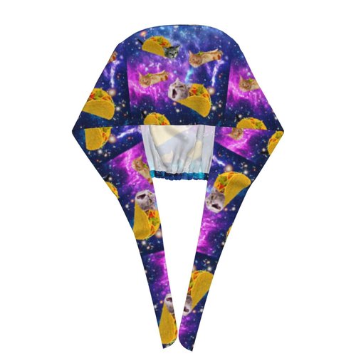 Blue Purple Galaxy Cat Taco Working Cap for Women Men, Scrub Cap with Sweatband Adjustable, Unisex Tie Back Hat, Nurse Surgical Caps