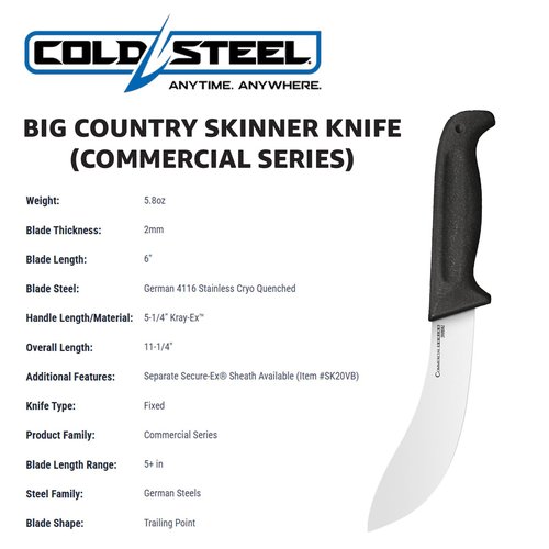 Cold Steel Big Country Skinner Knife 6" Durable German 4116 Stainless Steel Fixed Blade Knife with Non-Slip Handle Precision Cutting Tool for Chefs, Butchers, & Outdoor Use Commercial Series
