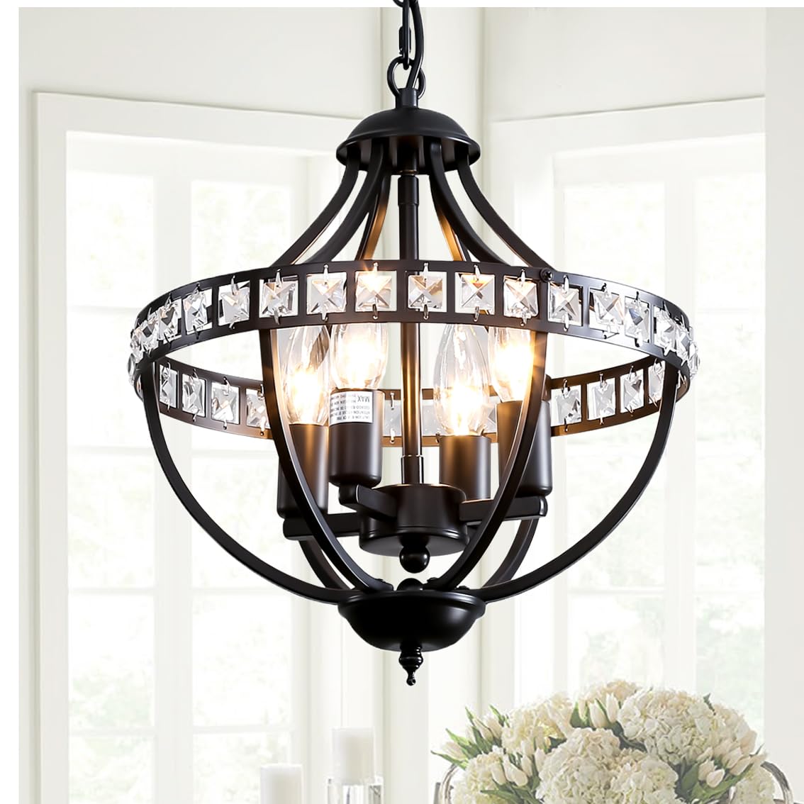 Threebro Crystal Chandeliers，Farmhouse Ceiling Chandelier Rustic Vintage Black Pendant Hanging Lighting for Dining Room Living Room Entryway Kitchen Island Bedroom Foyer Lighting（4-Light）