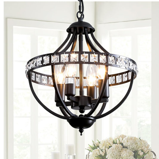Threebro Crystal Chandeliers，Farmhouse Ceiling Chandelier Rustic Vintage Black Pendant Hanging Lighting for Dining Room Living Room Entryway Kitchen Island Bedroom Foyer Lighting（4-Light）