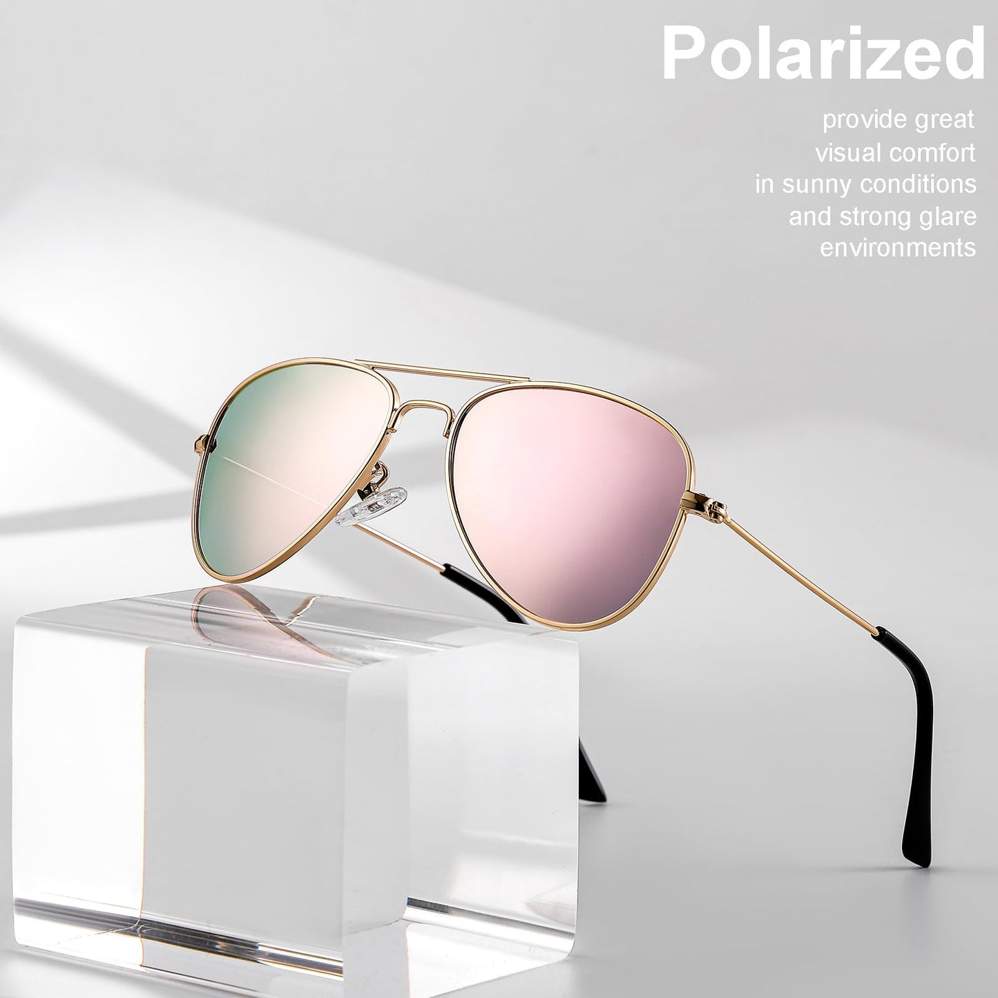 Gleyemor Kids Polarized Aviator Sunglasses for Juniors Teenagers Age 8-18 (Gold/Pink Mirror+Gold/Grey)