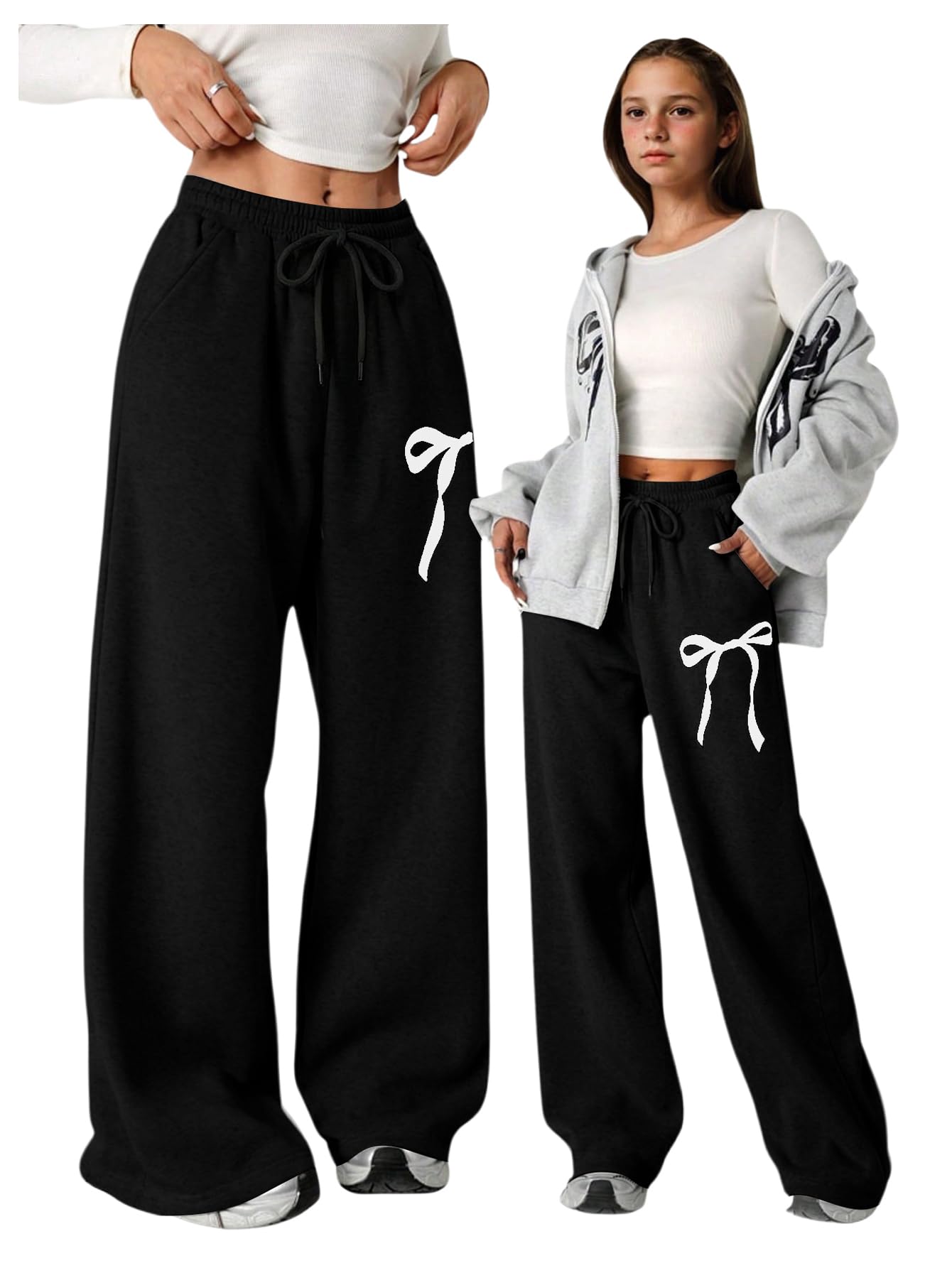 Verdusa Girl's Bowknot Baggy Sweatpants Lightweight Straight Leg Athletic Pants with Pockets Solid Black 12 Years