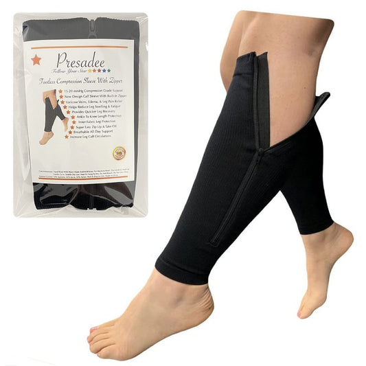 Presadee Calf Zipper 15-20 mmHg Compression Leg Circulation Fatigue Shin Sleeve (Black, L/XL)