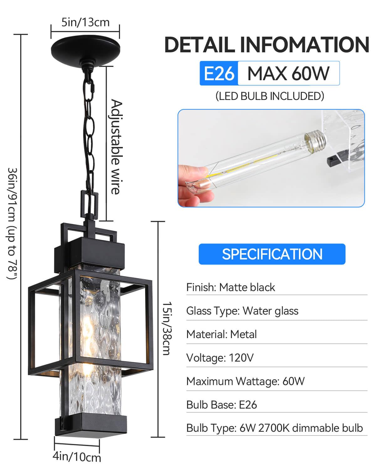 Zinola Outdoor Pendant Light for Porch, Waterproof Hanging Ceiling Lantern with Water Glass, Black Exterior Light Fixture for Front Door Gazebo Entryway, E26 Base, LED Bulb Included