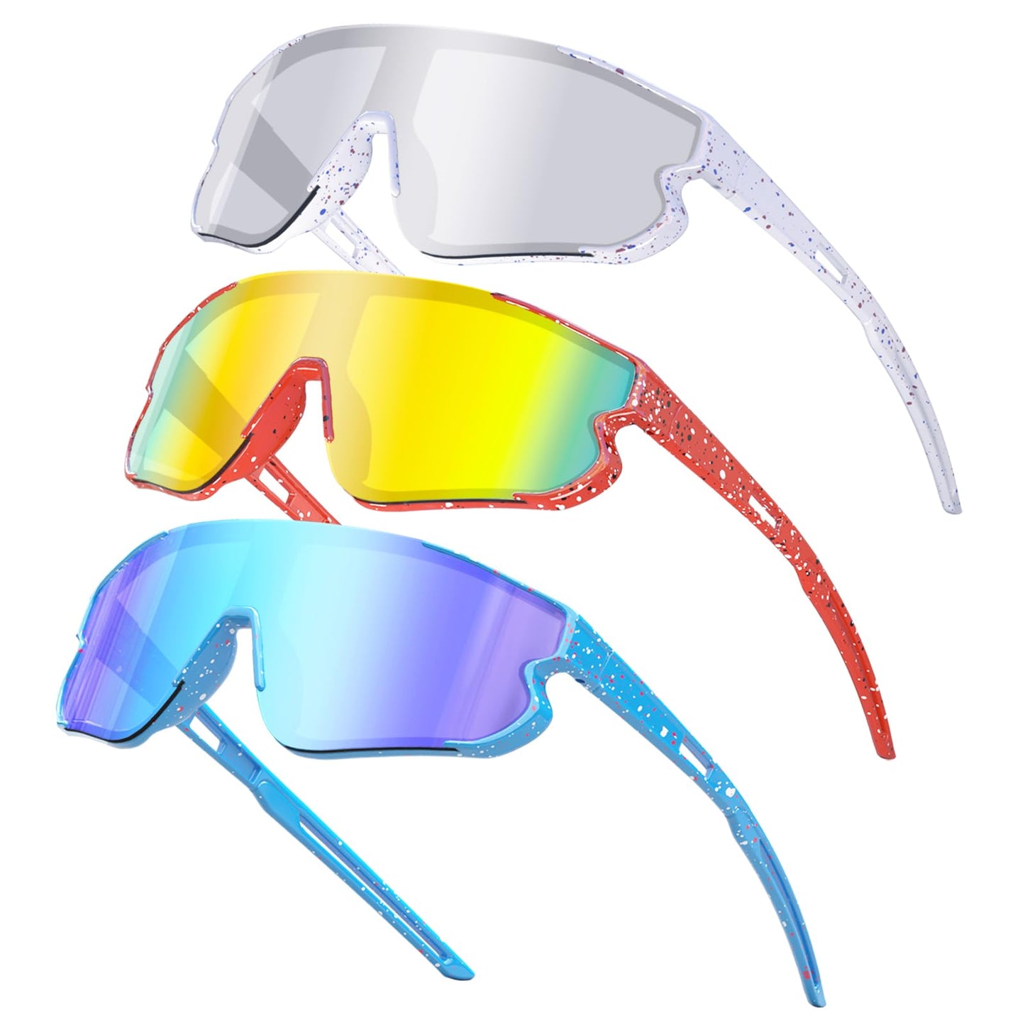 Wapreta 3PACK Kids Sunglasses Youth Baseball Sunglasses for 4-12 Boys Girls Cycling Softball Running UV400 Sports Goggles (White Frame+ Red Frame + Blue Frame)