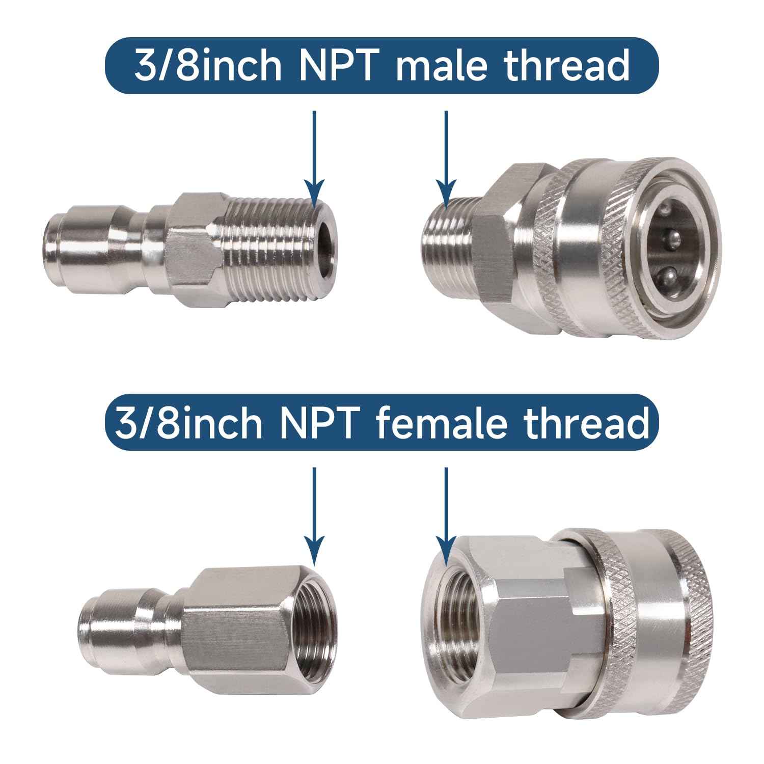 3/8 Inch 3/8'' Pressure Washer Quick Connect Fittings Stainless Steel Adapter Set for NPT Male and Female Thread Kit