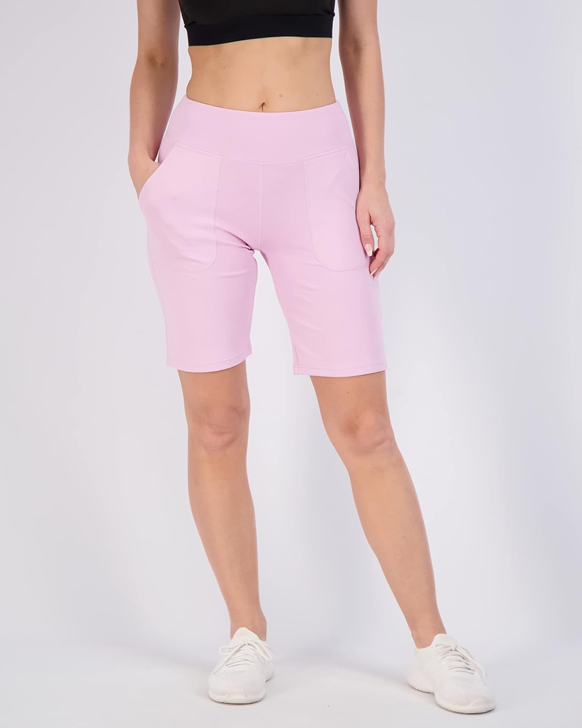 Real Essentials Women's Bermuda Shorts - 9" High Waisted with Pockets | Casual Athletic (Plus Size Available)