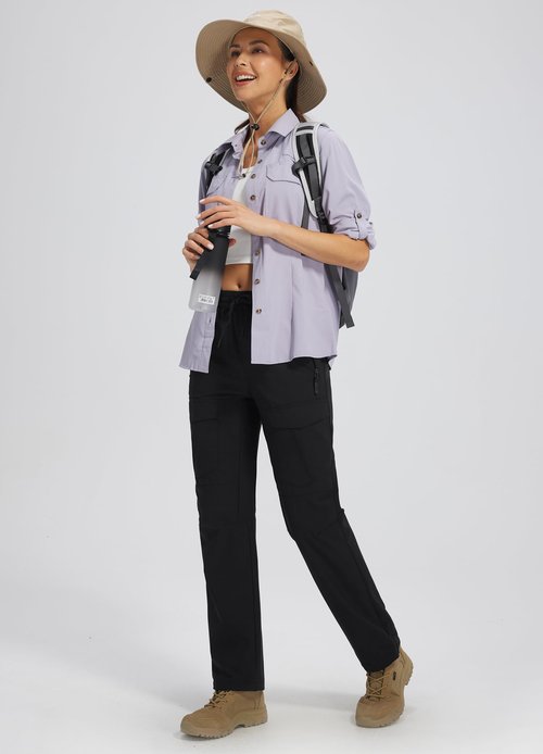 Women's Hiking Pants with Zipper Pockets Quick Dry Water Resistant Elastic Waist Cargo Joggers Lightweight Casual Travel Outdoor Safari Outfits Regular Black M