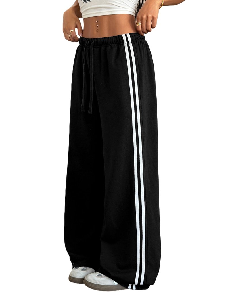 ZAFUL Women's Casual Sweatpants Drawstring Color Block Side Striped Straight Leg Athletic Track Pants with Pockets (1-Black, M)
