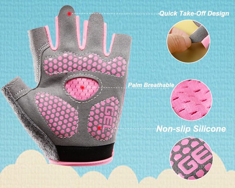 Kids Cycling Gloves - Half Finger Non-Slip Bike Gloves, Pink Medium