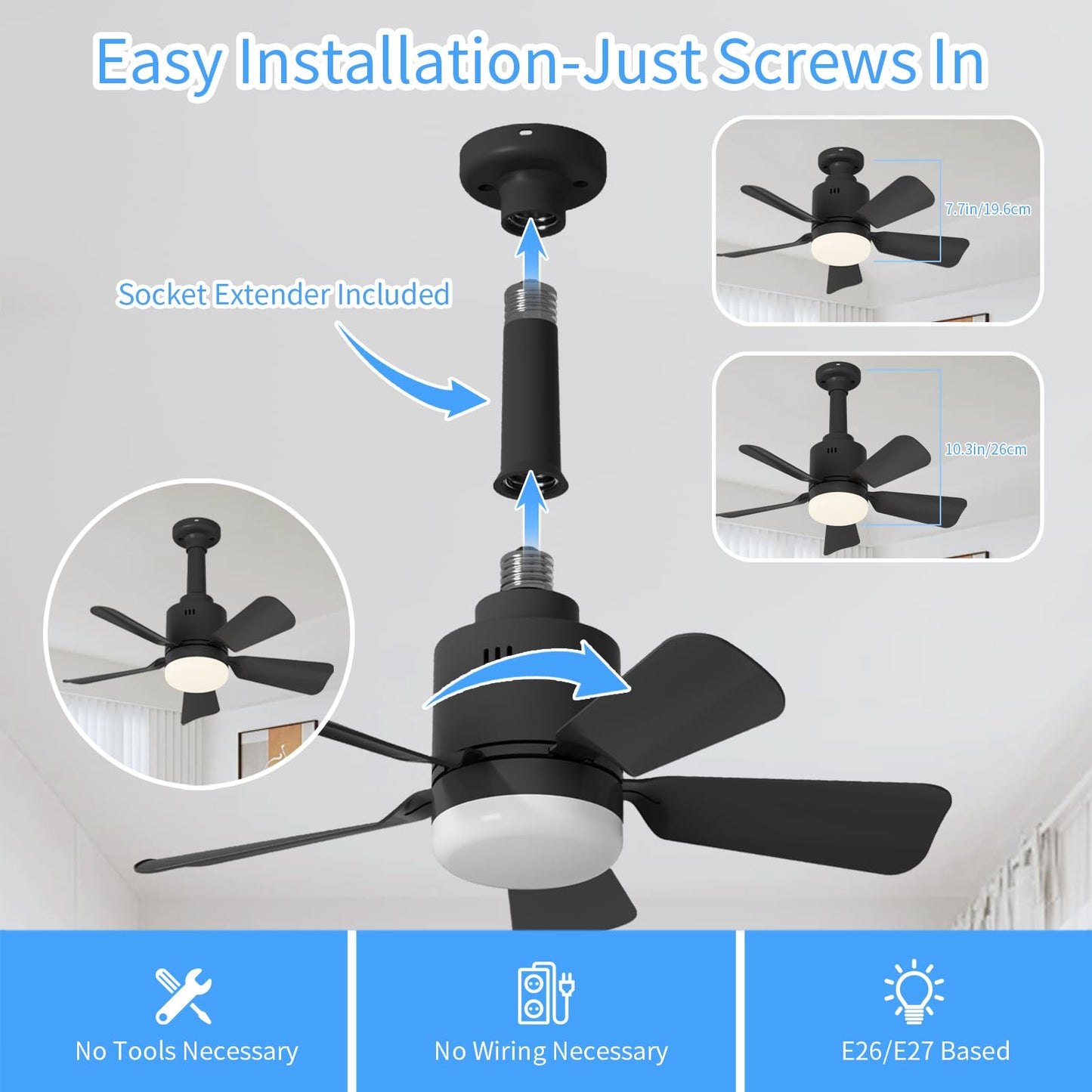 LANMEL Socket Fan Light with Remote & APP, 17.7'' Socket Breeze Ceiling Fan with Socket Extender, 3 Colors LED Light Bulb, Screw in Small Ceiling Fan for Bedroom Living Room Kitchen Garage