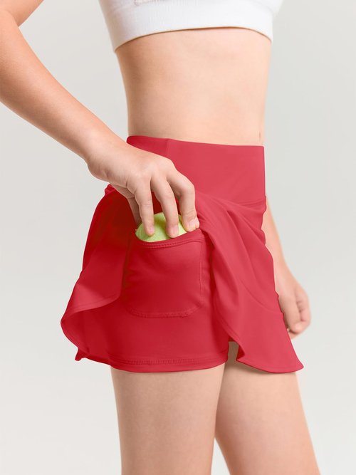 Haloumoning Girls Athletic Tennis Golf Skirts with Shorts Kids High Waist Ruffle A-line Skorts with Pockets 5-14 Years Red
