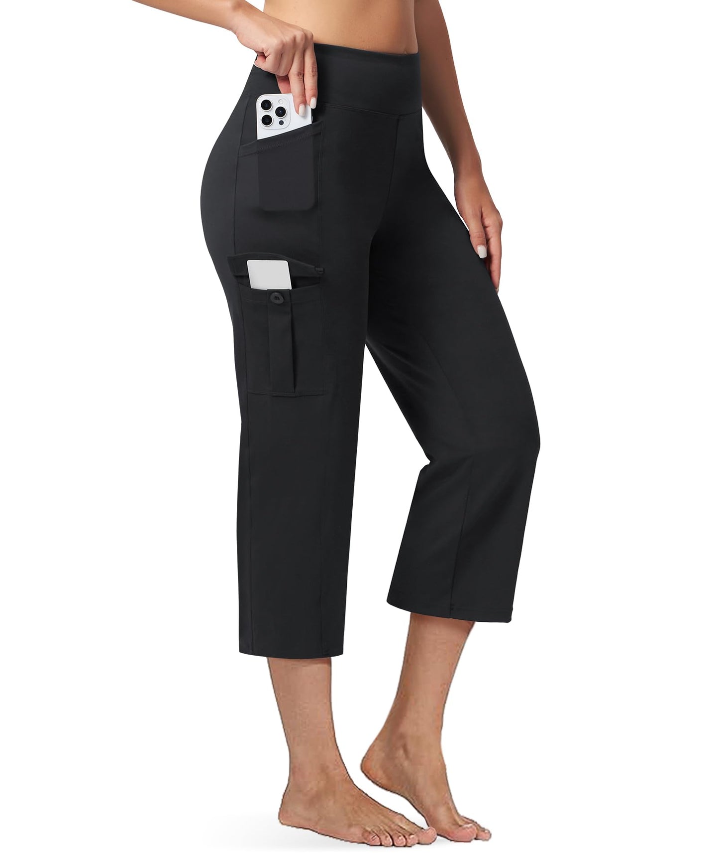 Casei Women's 21" Yoga Capris High Waisted with Pockets Cargo Capri Pants Straight Leg Casual Workout Travel Cropped Pants Black XL