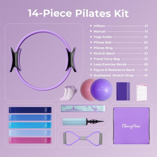 Targeted Training Pilates Kit,Upgraded Pilates Equipment for Women with 14'' Magic Circle,Figure 8 Bands,Pilates Ball & Bands to Firm Core,Thighs,Glutes & Arms at Home - Workout Guide Included