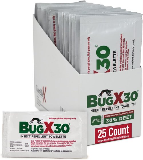 CoreTex Bug X 30 Mosquito & Tick Repellent Wipes - 30% DEET, 25 Single-Use Wipes for 7 Hours of Protection