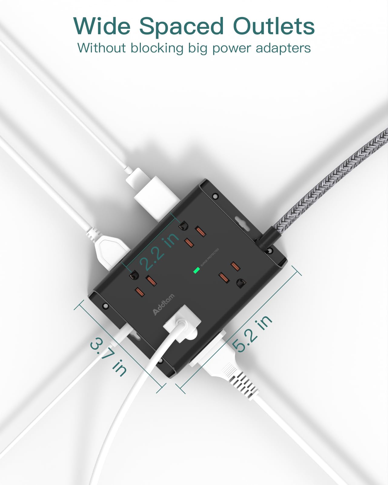 Surge Protector Power Strip, 8 Widely Outlets with 4 USB Ports(1 USB C Outlet), Addtam 3-Side Outlet Extender Strip with 5Ft Extension Cord, Flat Plug, Wall Mount for Dorm Home Office, Black