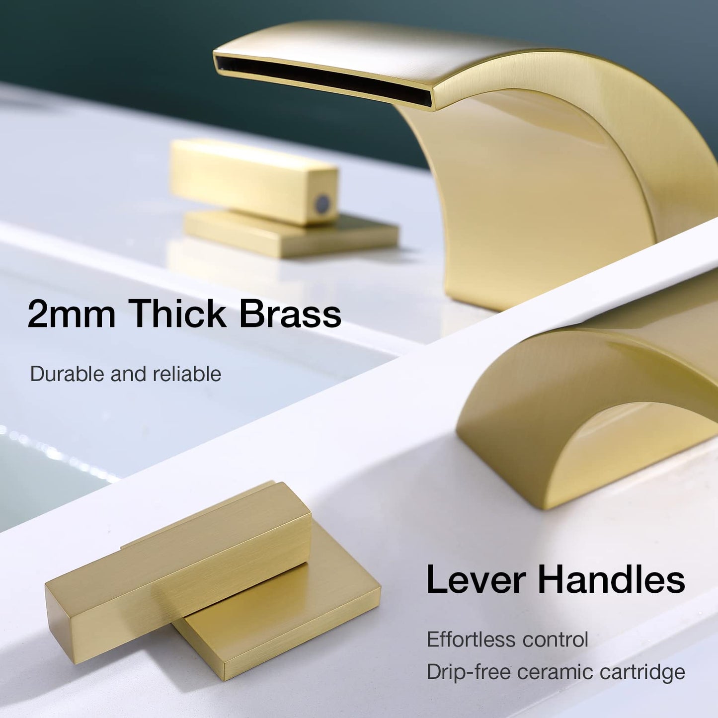 TRUSTMI 8 Inch Widespread Bathroom Faucet Brushed Gold - 2 Handle 3 Hole Lavatory Vanity Sink Faucet with Overflow Pop-Up Drain, Spot Resist, 3.14" Height, 2.7" Wide Waterfall Spout