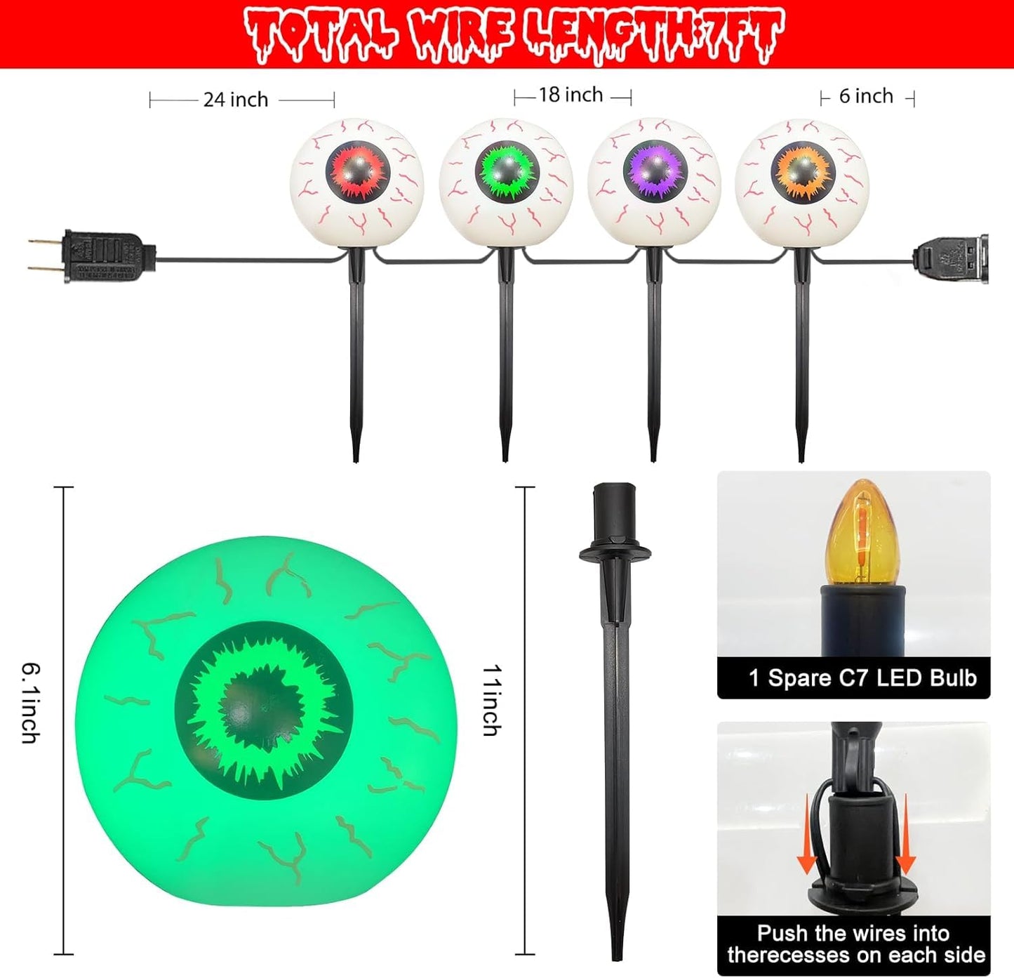 Outdoor Halloween Decorations Pathway Lights, 7Ft Halloween Eyeballs Pathway Markers String Light Waterproof with 4 LED Scary Eyeballs Stakes Lights for Outdoor Walkway Yard Lawn Garden