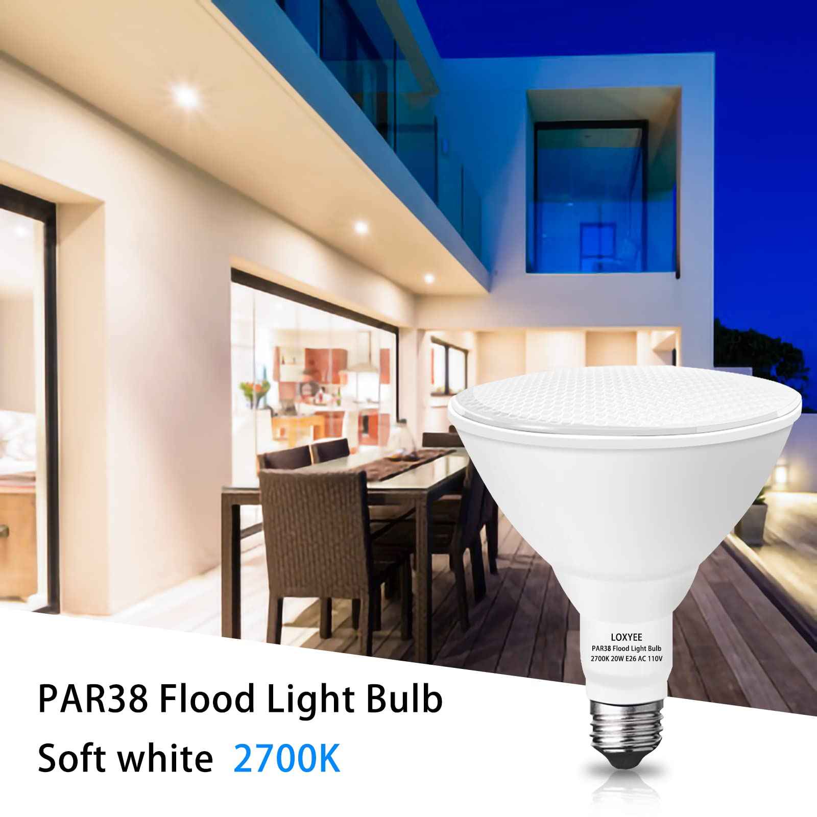 LOXYEE PAR38 LED Outdoor Flood Light Bulbs 4 Pack，Dimmable 20W(200W Equivalent) E26 Base Flood Light Bulbs,2700K Soft White 1800 Lumens LED Flood Light for Outdoor Garden,Garage,Yards