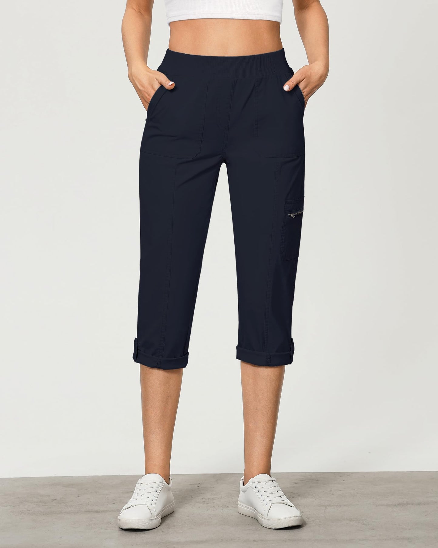 GRAPENT Travel Pants Women Ladies Pants Pull On Elastic Waist Ladies Capris Summer Casual Utility Cargos for Women Womens Comfy Cropped Trousers Zipped Pockets Color Navy Blue X-Large Size 16 to 18