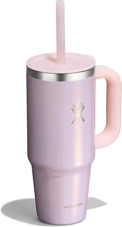 Hydro Flask Travel Tumbler - Insulated Stainless Steel with Handle, Lid & Straw | 24 Oz Glimmer Pink