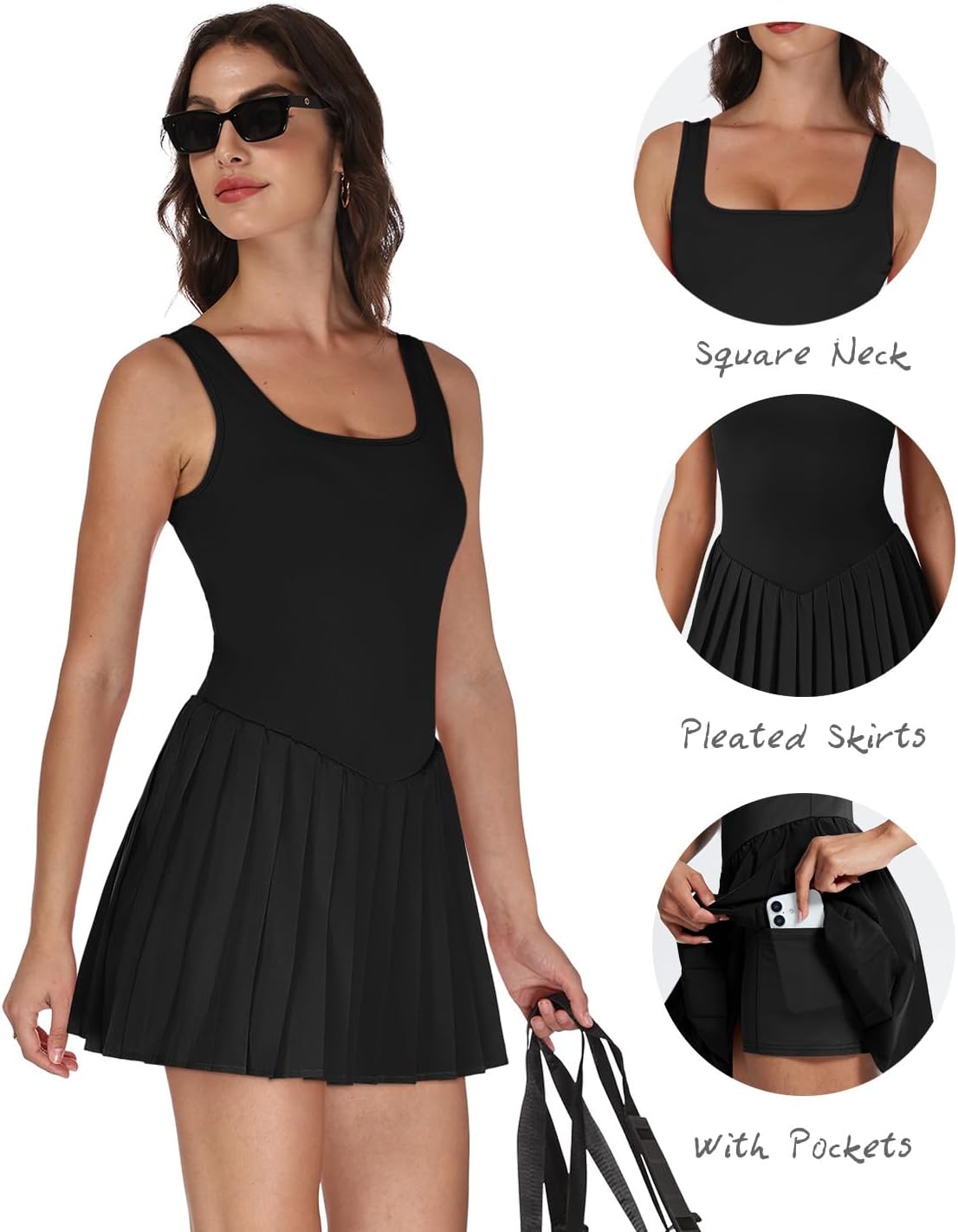 Skiennix Women's Athletic Dress - U Neck Tennis Dress with Built-In Shorts & Pockets | Sleeveless, Pleated