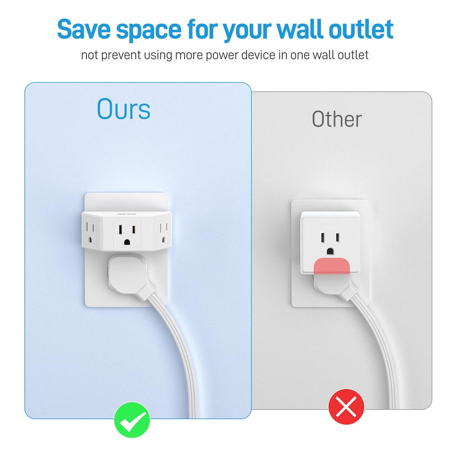 BEVA 2 Pack Small Electric Outlet Adapter, Multi Plug Wall Outlet Extender, 3 Prong Adapter 3 AC Plug Extender for Travel Cruise Ship Dorm Room essentials