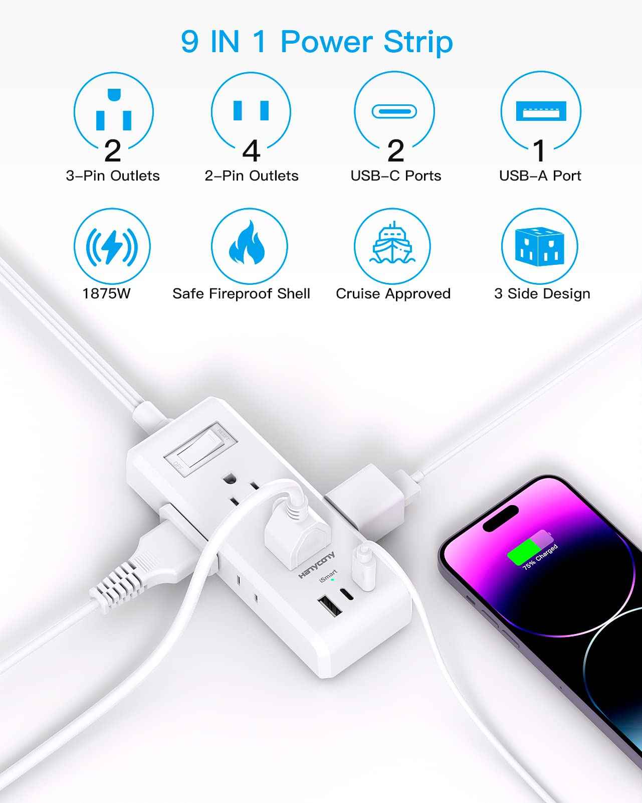 Extension Cord 10 ft, HANYCONY Flat Plug Power Strip with 6 Outlets and 3 USB Ports (2 USB C), Ultra-Thin Extension Cord, Wall Mountable, Long Cord for College Dorm Room, Office Home Essentials