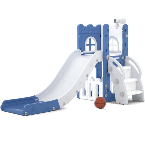 LulliSpace 6-in-1 Toddler Slide - Indoor/Outdoor Climber with Storage, Telescope & Basketball Hoop - Blue