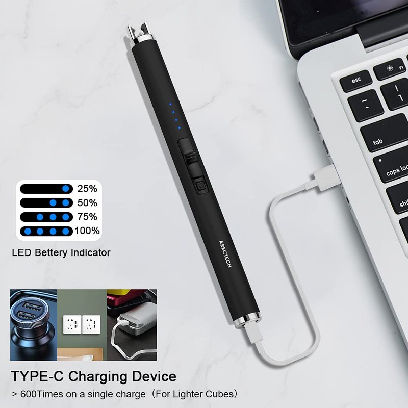 ARECTECH Rechargeable Electric Candle Lighter, Christmas Stocking Stuffers Gifts for Mom Men Wife, Arc Plasma Windproof Lighter for Candle Kitchen Birthday with Type-C Cable, Black 2 Pack